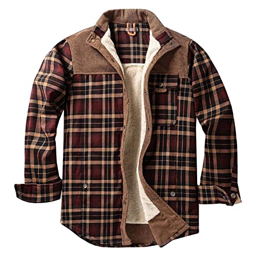 Men's Winter Baggy Warm Flannel Lined Plaid Shirt Jacket Basic Windproof Long Sleeve Fleece Outwear Fit Lapel Coat