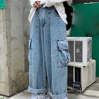 Men's Jeans Wide Leg Loose Casual Work Cargo Pants Denim Trousers Vintage Style